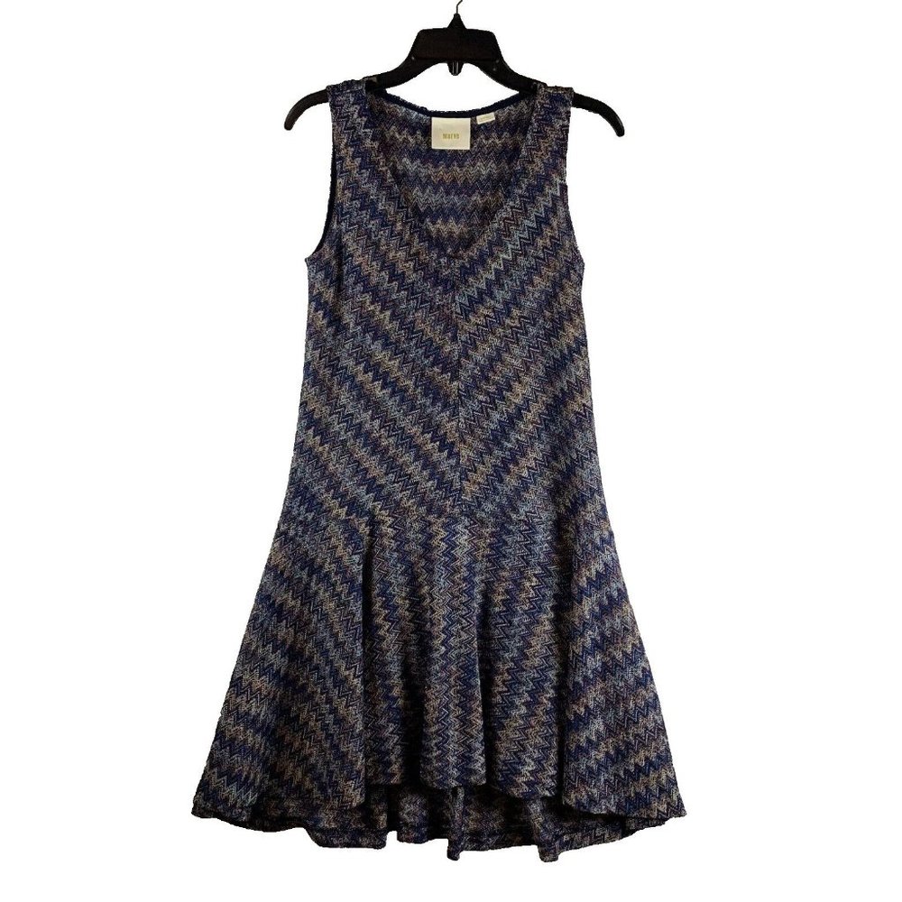 Maeve Knit Dress Women's XS Blue‎ Chevron Plunge Neck Sleeveless Peplum Hem 8169